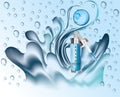 Transparent facial serum, realistic cosmetic serum with water splash. Splashing water. Blue background. 3d vector.