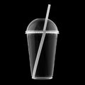 Transparent Fast Food Soda, Slush, Shake or Cola Plastic Cup with Buble Lid and Drinking Straw Isolated on Black.