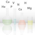 Transparent flasks with chemical preparations. A set of flasks for chemical experiments.