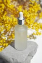 Transparent frosted glass dropper bottle with serum, tonic or essential oil on grey concrete podium with yellow flowers. Royalty Free Stock Photo