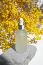 Transparent frosted glass dropper bottle with serum, tonic or essential oil on grey concrete podium with yellow flowers. Royalty Free Stock Photo