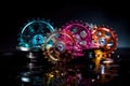 Transparent gear wheels filled with colorful, swirling liquid, showcasing a dynamic and creative industrial concept