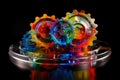 Transparent gear wheels filled with colorful, swirling liquid, showcasing a dynamic and creative industrial concept