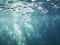 De-focused blurred transparent blue colored clear calm water surface texture with splashes and bubbles. Trendy abstract nature Royalty Free Stock Photo