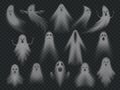 Transparent ghost. Horror spooky ghosts, halloween night ghostly ghoul. Scary phantom vector illustration set