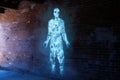 transparent ghost skeleton projected onto a crumbling brick wall