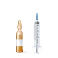 Transparent glass ampule and syringe. Mock up template medical vial with liquid medicament Royalty Free Stock Photo