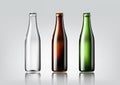 Transparent glass bottle, brown bottle and green bottle for design package and advertisement, beer and beverage, Vector