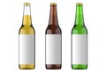 Transparent glass bottle, brown and green bottle with white label for beer and beverage or carbonated drinks. Studio 3D