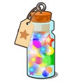 Transparent glass bottle with multicolored Christmas decorations isolated on white background. Sample of poster, party Royalty Free Stock Photo