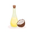 Glass bottle of oil and half of ripe coconut. Natural product. Cooking and cosmetics theme. Flat vector design