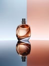 Transparent glass bottle of perfume. Luxury fragrance presentation, trending minimal studio shot, perfumery ad