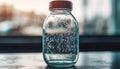 Transparent glass bottle pouring fresh drinking water on wet table generated by AI Royalty Free Stock Photo