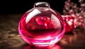 Transparent glass bottle reflects pink sphere in abstract celebration still life generated by AI