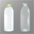 Transparent Glass Bottles. Dairy products. Empty, full and closed milk jars. Vector set of three images. Royalty Free Stock Photo