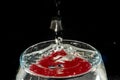 Transparent glass bowl, filled with water, with red reflection and splashing drops. Splash Effect Royalty Free Stock Photo