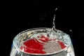 Transparent glass bowl, filled with water, with red reflection and splashing drops. Splash Effect Royalty Free Stock Photo