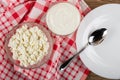 Transparent bowls with sour cream and cottage cheese on napkin, spoon in plate on wooden table. Top view Royalty Free Stock Photo
