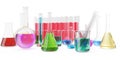 Transparent glass chemical flasks full off colored liquid and empty beaker isolated on background. 3d rendering Royalty Free Stock Photo