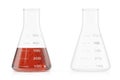 Transparent glass chemical flasks full of red liquid and empty beaker isolated on white background. 3D illustration