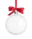 Transparent glass Christmas ball with red ribbon and bow isolated on white