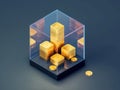 Transparent glass cube, overflowing with golden bars, bright lighting, shimmering effect - AI-Generated Royalty Free Stock Photo
