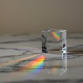 Transparent glass cube on a reflective marble surface displaying a spectrum of rainb Royalty Free Stock Photo