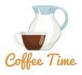 Transparent glass cup coffee milk jug. Warm comforting beverage concept. Coffee break, cozy Royalty Free Stock Photo