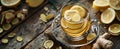 In the transparent glass cup, ginger tea with lemon slices is placed on an old wooden table. Royalty Free Stock Photo