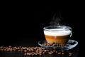 Glass cup hot cappuccino with layers of coffee, milk and foam on black. Place for text. Smoke. Royalty Free Stock Photo
