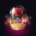 Transparent glass dome and red rose lowpoly style on heart bokeh background with Valentine`s day concept, vector background