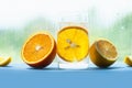 Transparent glass with gaseous water and bubbles and a round slice of orange inside, half juicy and ripe orange and lemon next to Royalty Free Stock Photo
