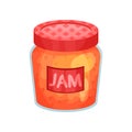 Transparent glass jar with apple jam. Bank with red lid and label. Delicious fruit marmalade. Concept of organic farm Royalty Free Stock Photo