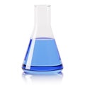 Transparent glass laboratory flask. Flask filled with liquid on a white background. Royalty Free Stock Photo