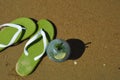 a glass of lemonade with a straw and summer flip-flops on the seashore, sunny beach, summer vacation. background for the design. Royalty Free Stock Photo