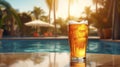 transparent glass of light cold beer near pool, perfectly complemented by the sunny sky and glistening sun. Ai generated Royalty Free Stock Photo