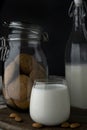 Transparent glass of milk, cookie jar, bottle of milk and almonds