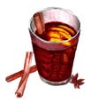 Transparent glass with mulled wine, oranges and cinnamon.