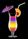 A transparent glass with a multi-colored refreshing cocktail, decorated with a cocktail umbrella and a slice of lemon, on a black Royalty Free Stock Photo