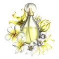 A transparent glass perfume bottle with plumeria, frangipani, orange blossom and ylang-ylang flowers. Vintage yellow