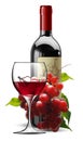 Transparent glass of red wine, bottle of wine and a branch of grapes. High detailed realistic illustration Royalty Free Stock Photo