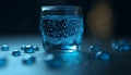 Transparent glass reflects blue liquid drop, fresh and purified water generated by AI