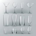 Transparent Glass Set Vector. Transparent Empty Glasses Goblets For Water, Alcohol, Juice, Cocktail Drink. Realistic