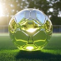 Transparent glass soccer ball on green grass. Generative Ai Royalty Free Stock Photo