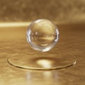 A transparent glass sphere floating above a reflective golden surface, casting a shado Royalty Free Stock Photo