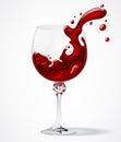 Transparent glass with splashed red wine on white background