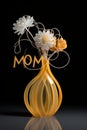 Transparent glass vase with orange patterns, white flowers and word \