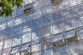 Transparent glass wall modern greenhouse building with blue sky reflections and green trees. Royalty Free Stock Photo