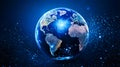 Transparent globe of Earth planet from blue glowing particulars on blue background Royalty Free Stock Photo