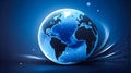Transparent globe of Earth planet from blue glowing particulars on blue background Royalty Free Stock Photo